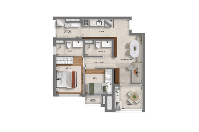 Planta 2 dorms - 57m² - torre 3 (perspectiva artística) 