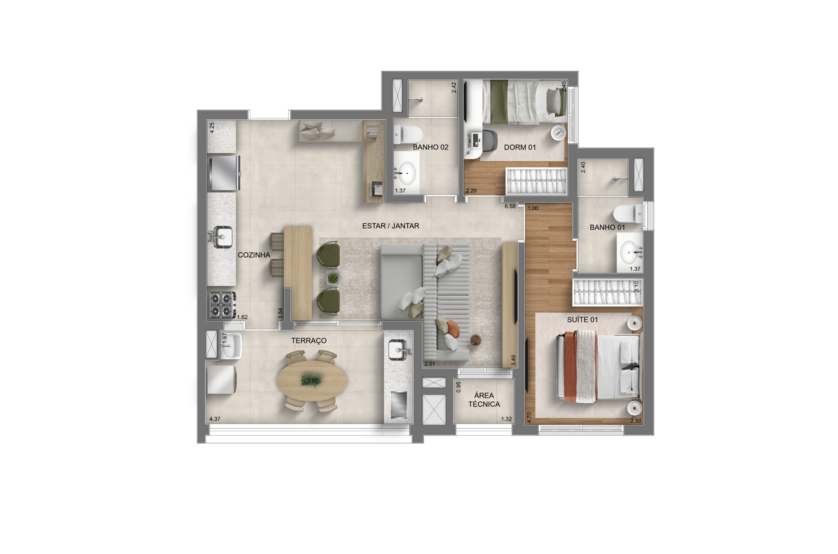 Planta 1 suíte - 66m² - torre 3 (perspectiva artística) 
