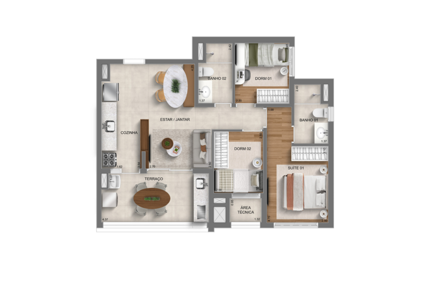 Planta 3 dorms - 66m² - torre 3 (perspectiva artística) 