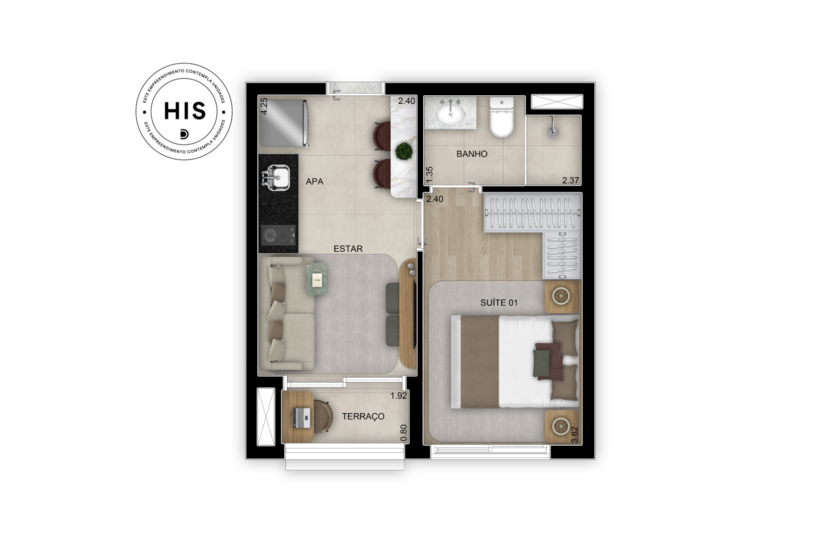 Planta de 1 suíte - 29m² - Torre 2 (Perspectiva artística)