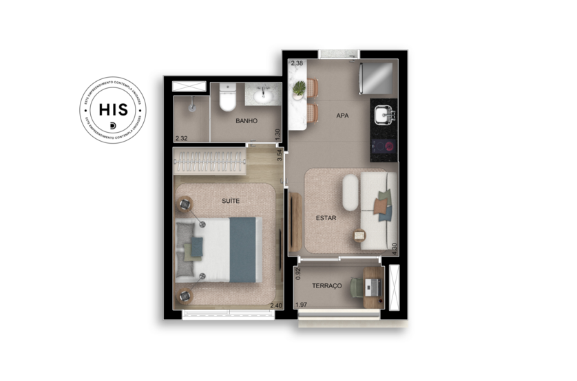 28m² I 1 Suíte (Perspectiva artística)