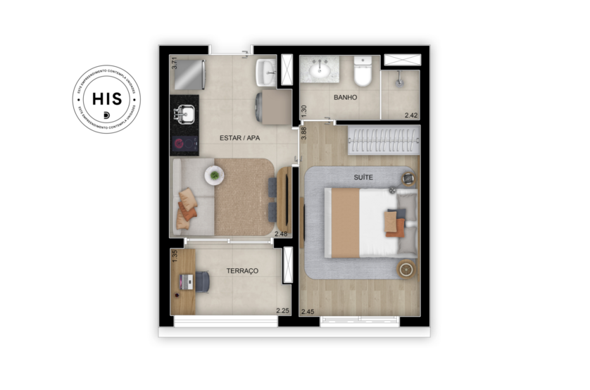 Planta de 1 suíte. - 26m² - Torre 3 (Perspectiva artística)