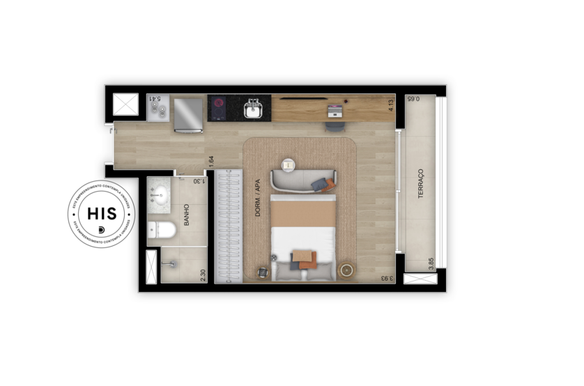 Planta studio - 25m² - Torre 3 (Perspectiva artística)