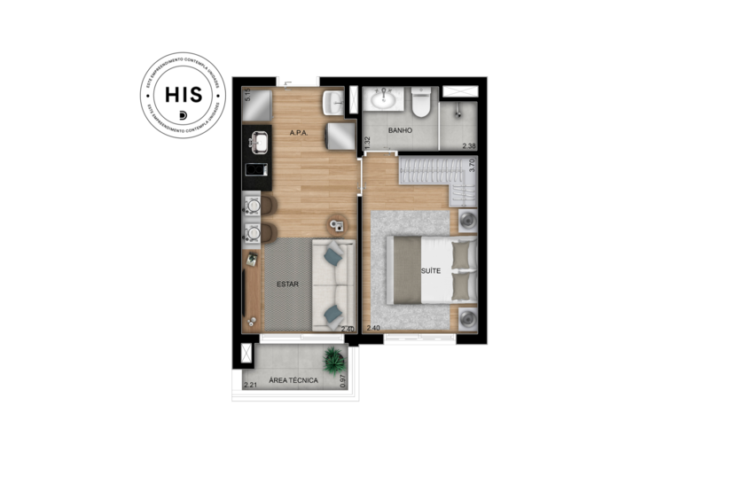 1 suíte - 30m² 