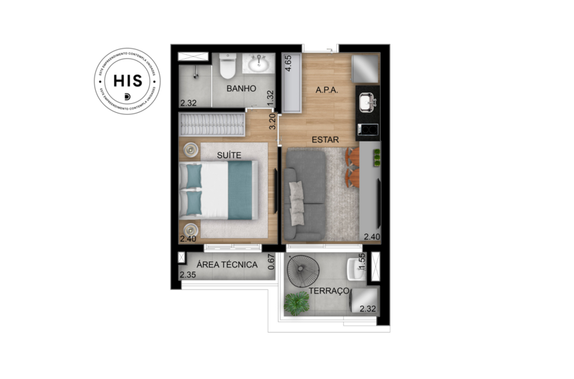 1 suíte 32m² - Torre 2, finais 2, 3, 8 e 11  (Perspectiva artística)