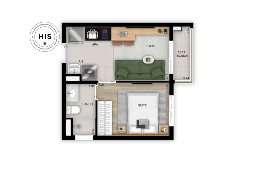 1 suíte - 29m²  