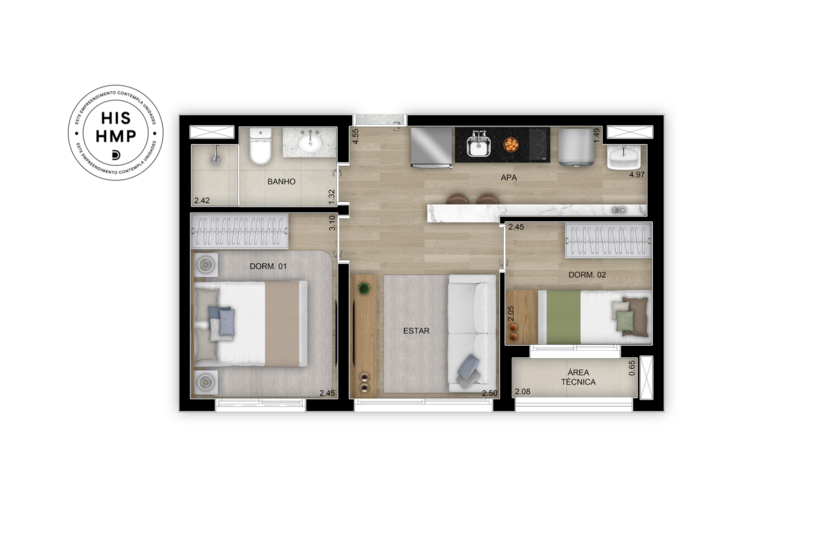 Planta de 1 suíte - 30m² (Perspectiva artística)