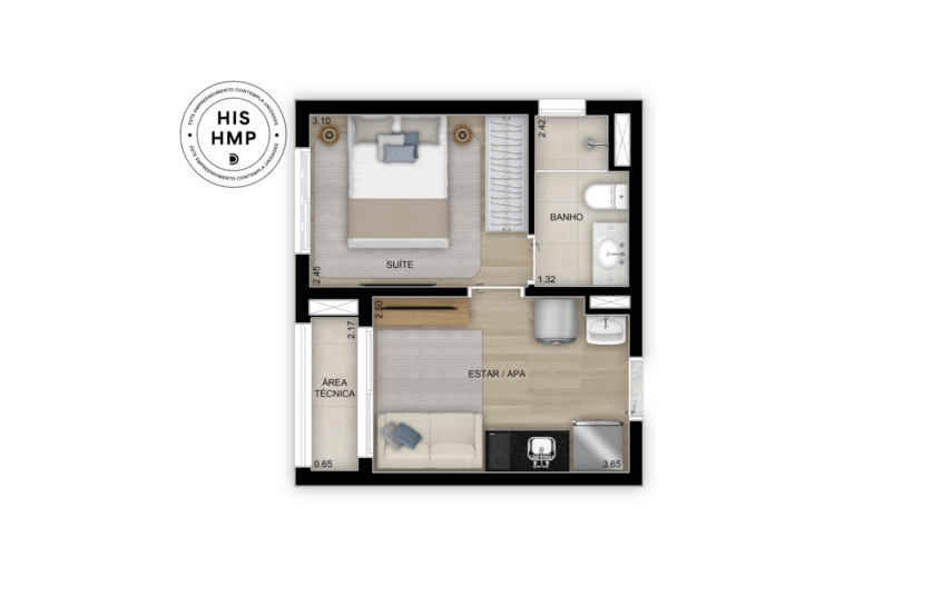 Planta de 2 dorms. - 38m² (Perspectiva artística)