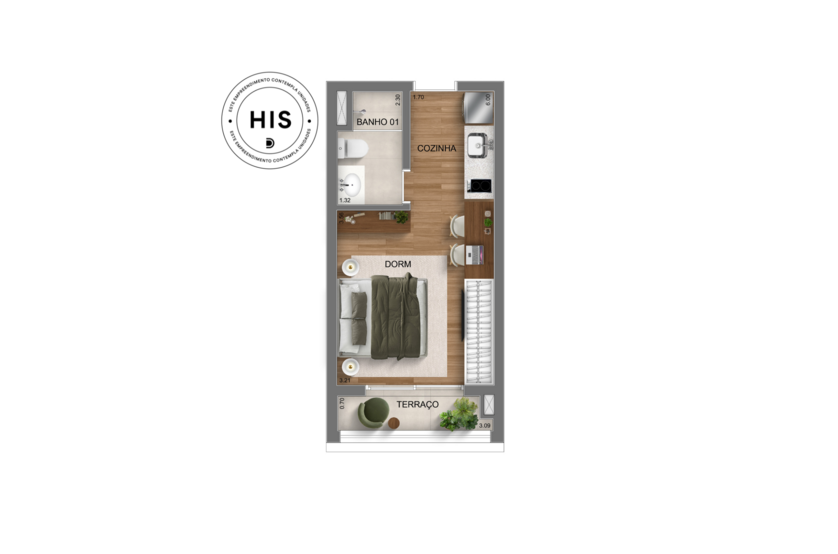Planta studio - 25m² - torre 3 (perspectiva artística) 