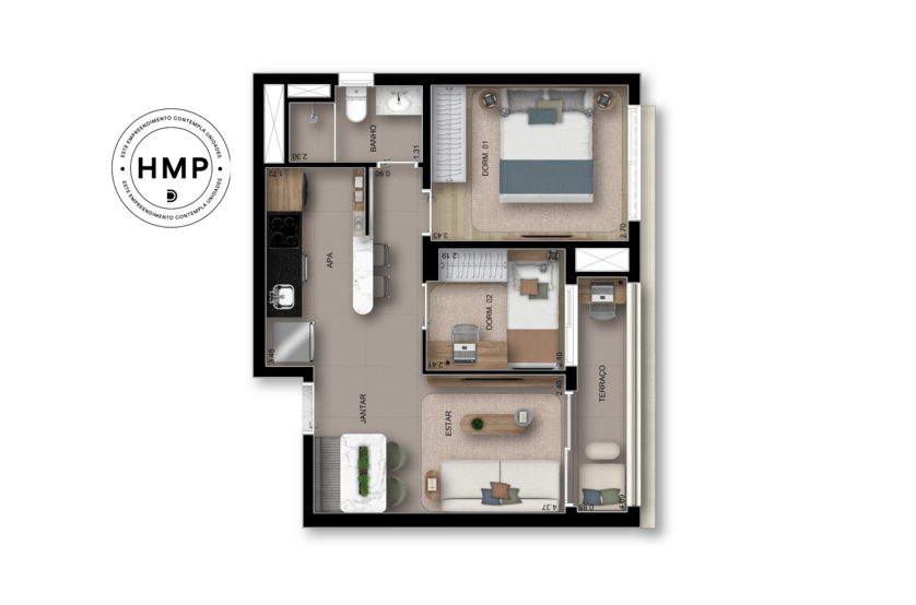 49m² I 2 Dorms (Perspectiva artística)