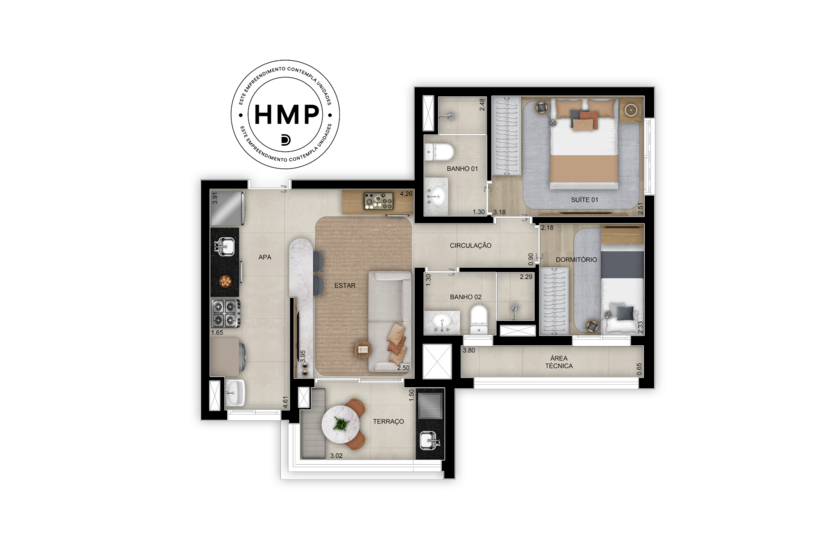Planta de 2 dorms. (1 suíte) - 57m² - Torre 3 (Perspectiva artística)