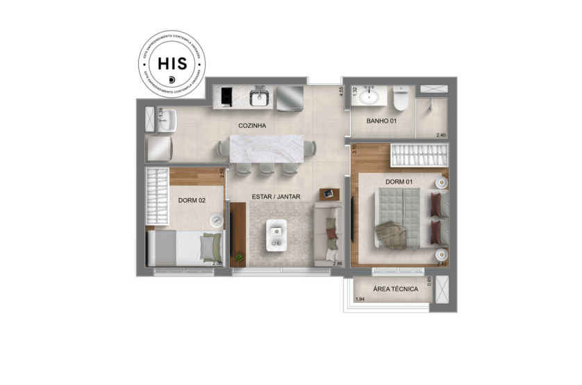 2 dorms. - 42m² 