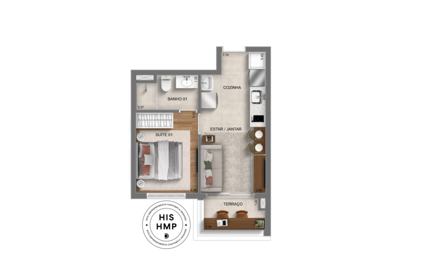 Planta 1 dormitório - 30m² - torre 3 (perspectiva artística) 