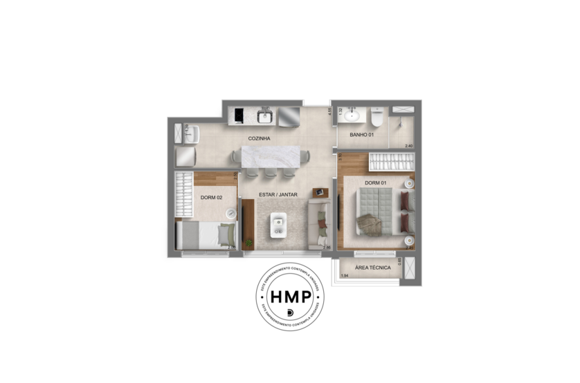 Planta 2 dorms - 40m² - torre 3 (perspectiva artística) 