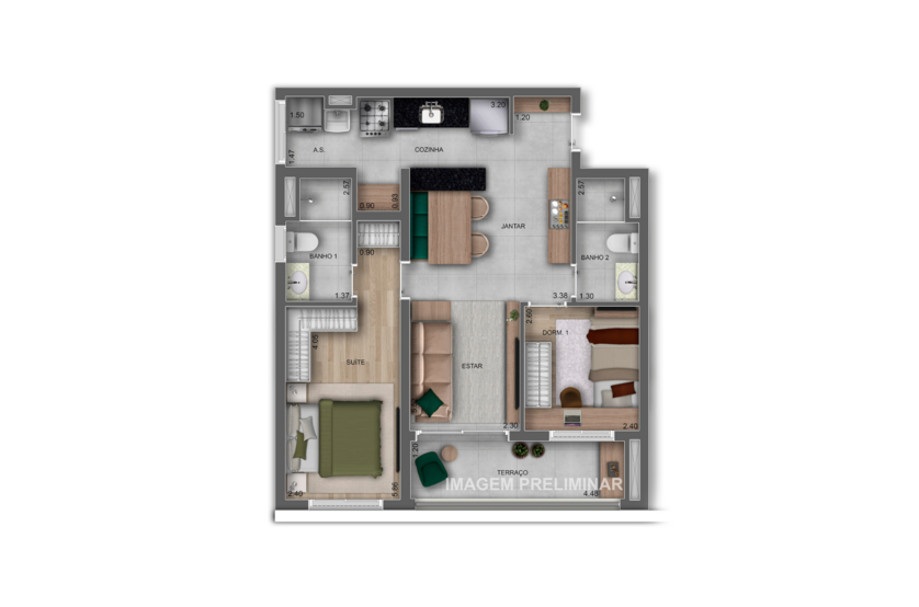 65m² | 2 Dorms. (1 suíte) (perspectiva preliminar) 
