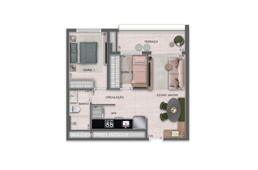 52m² | 2 Dorms. (perspectiva preliminar) 
