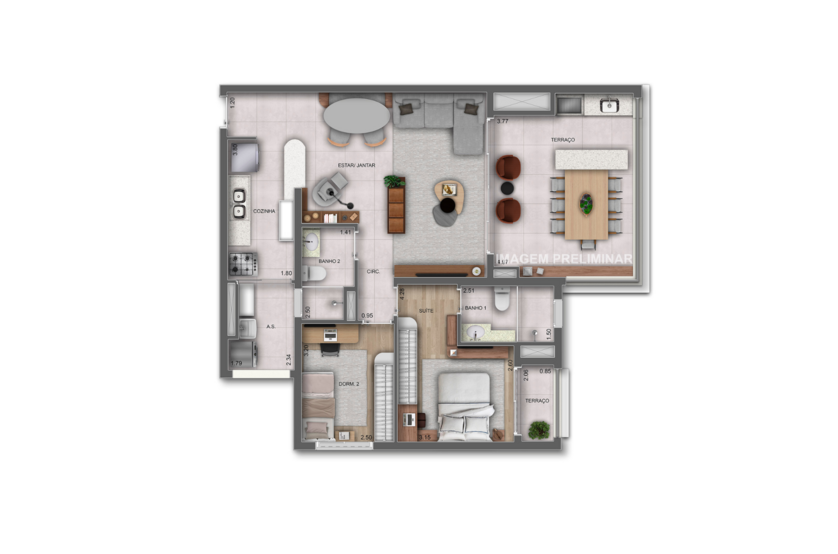 97m² | 2 Dorms. opção ampliada (1 suíte) (perspectiva preliminar) 