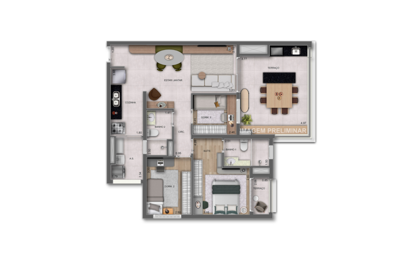 97m² | 3 Dorms. (1 suíte) (perspectiva preliminar) 