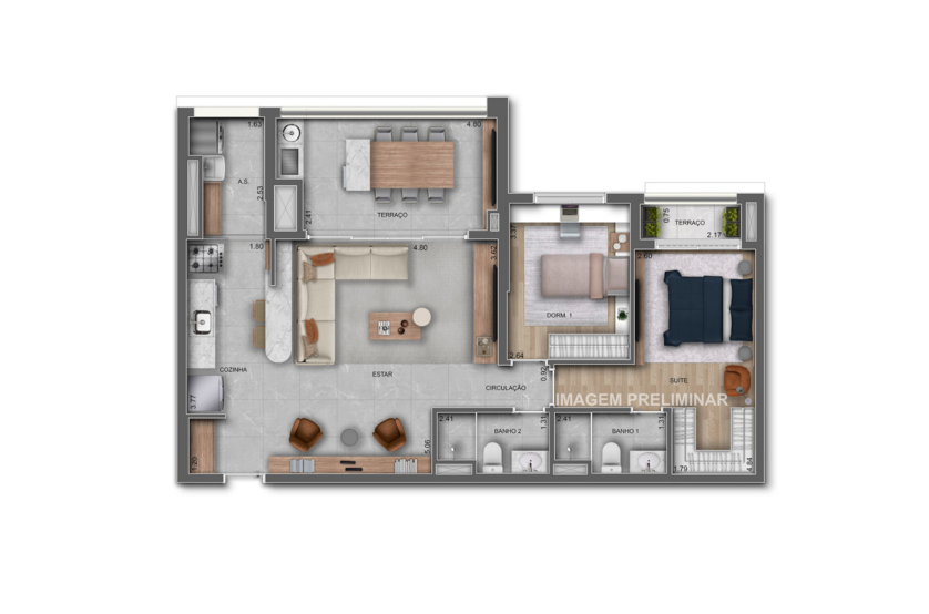 90m² | 2 Dorms. opção ampliada (1 suíte) (perspectiva preliminar) 