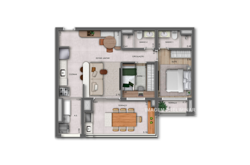 76m² |  2 Dorms. 1 suíte (perspectiva preliminar) 