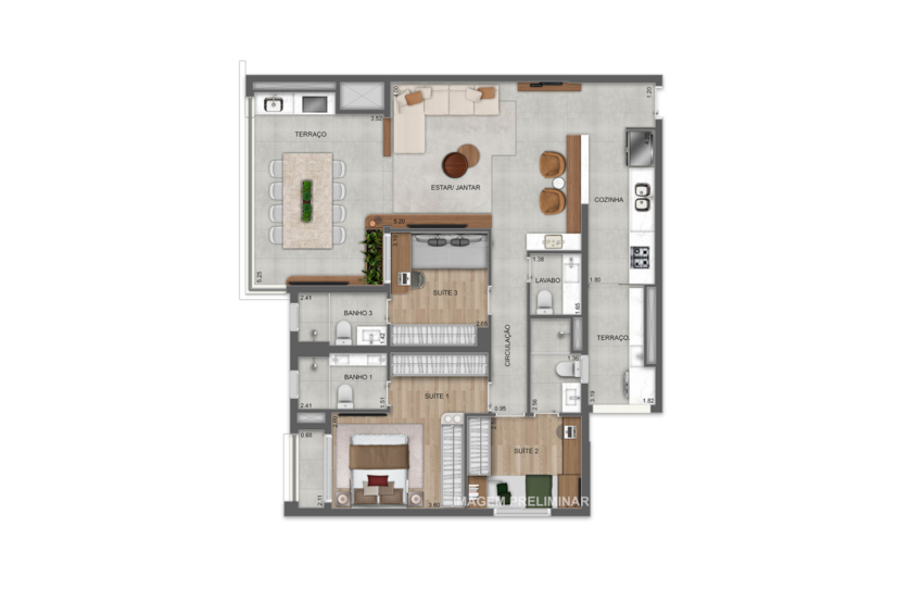 121m² | 3 suítes (perspectiva preliminar) 