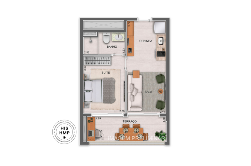 35m²  | 1 suíte (perspectiva preliminar) 