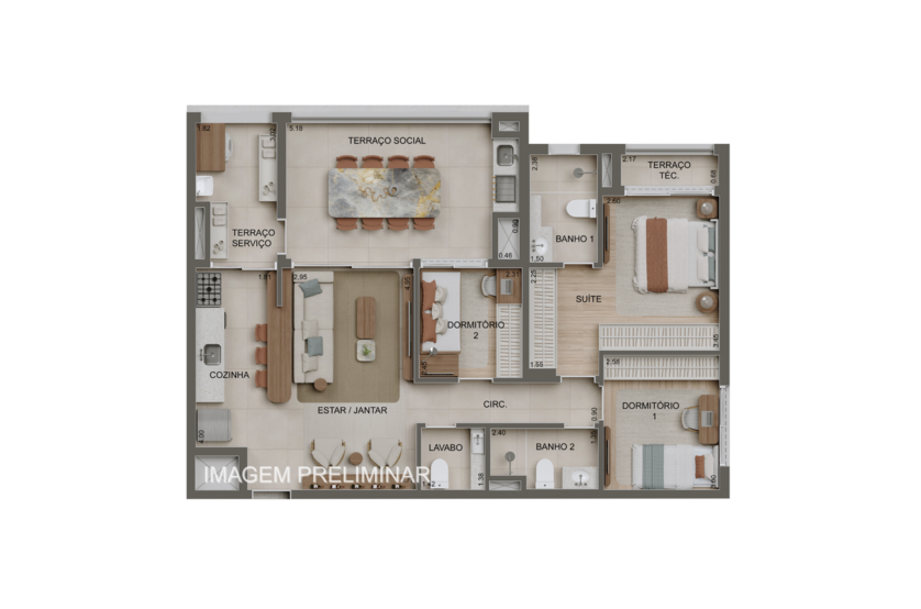 99m² | 2 Dorms. e 1 suíte c/ lavabo (perspectiva preliminar) 