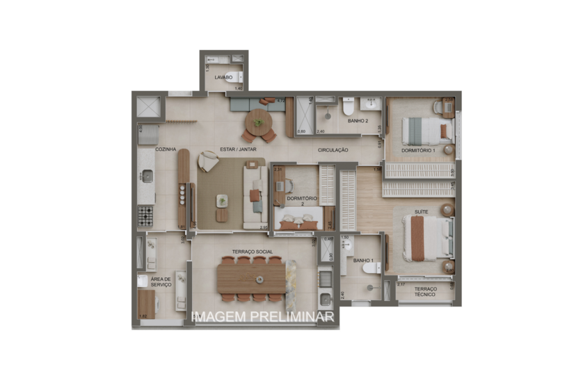 100m² | 3 Dorms. (1 suíte) c/ lavabo (perspectiva preliminar) 