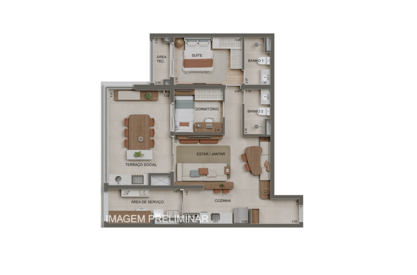 83m²  | 2 Dorms. (1 suíte) (perspectiva preliminar) 