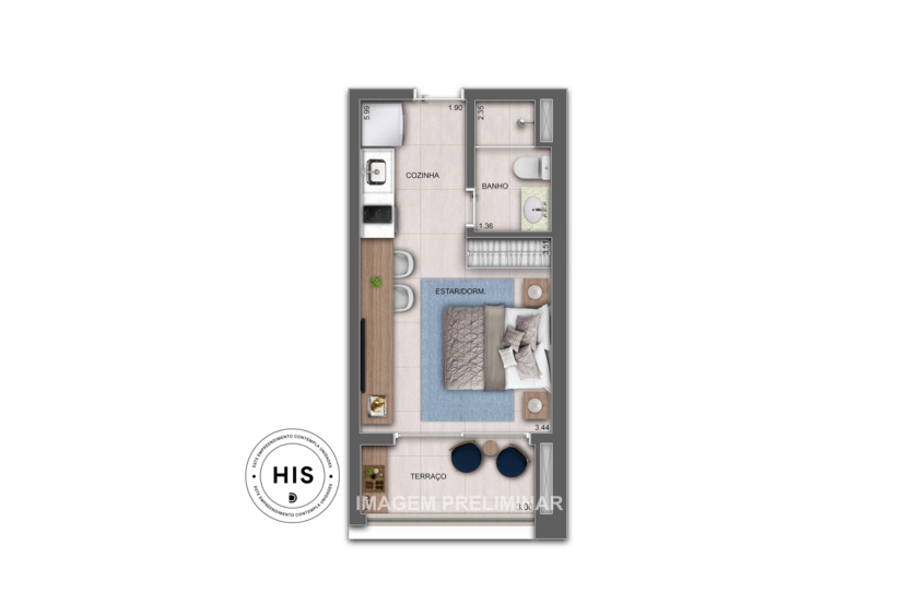 28m² | Studio (perspectiva preliminar) 