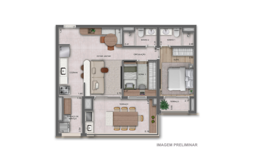 76m² |  2 Dorms. 1 suíte (perspectiva preliminar) 
