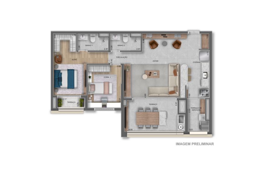 90m² | 2 Dorms. opção ampliada (1 suíte) (perspectiva preliminar) 