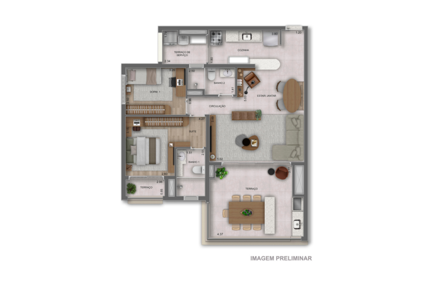 97m² | 2 Dorms. opção ampliada (1 suíte) (perspectiva preliminar) 