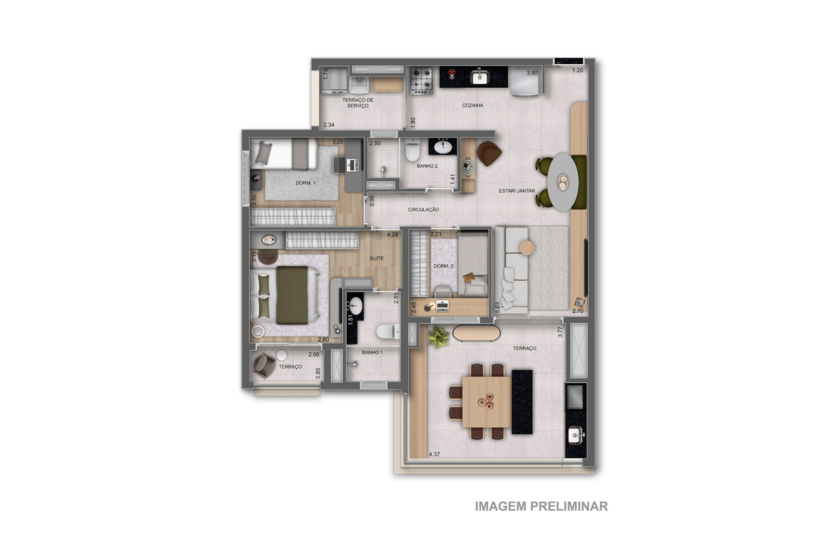 97m² | 3 Dorms. (1 suíte) (perspectiva preliminar) 