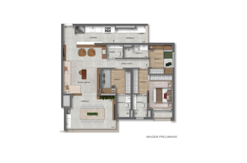 121m² | 3 suítes (perspectiva preliminar) 