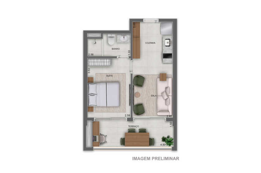 39m² | 1 suíte (perspectiva preliminar) 