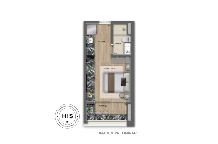 28m² | Studio (perspectiva preliminar) 