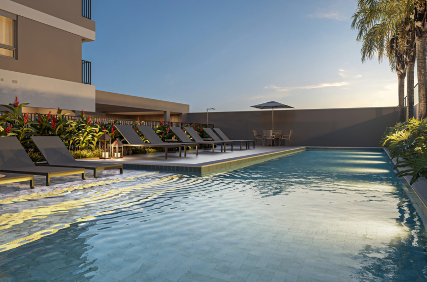 Piscina com deck molhado e solarium - torre 3 (Perspectiva artística)