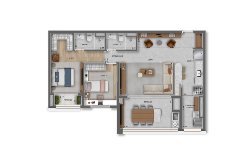 90m² | 2 Dorms. opção ampliada (1 suíte) (perspectiva artística) 