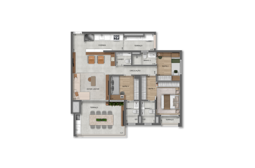 121m² | 3 suítes c/ lavabo (perspectiva artística) 