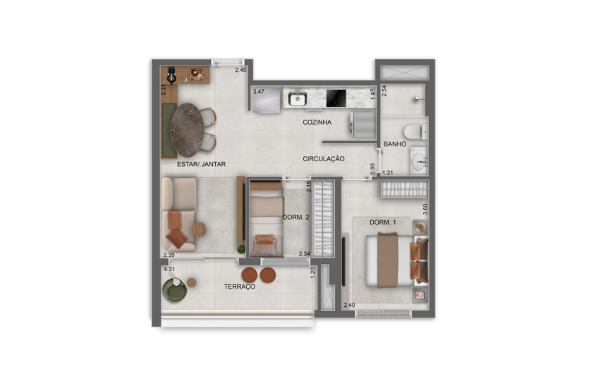 52m² | 2 Dorms. (perspectiva artística) 