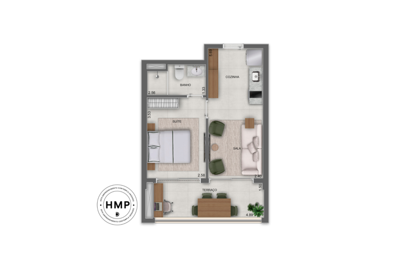 39m² | 1 suíte (perspectiva artística) 