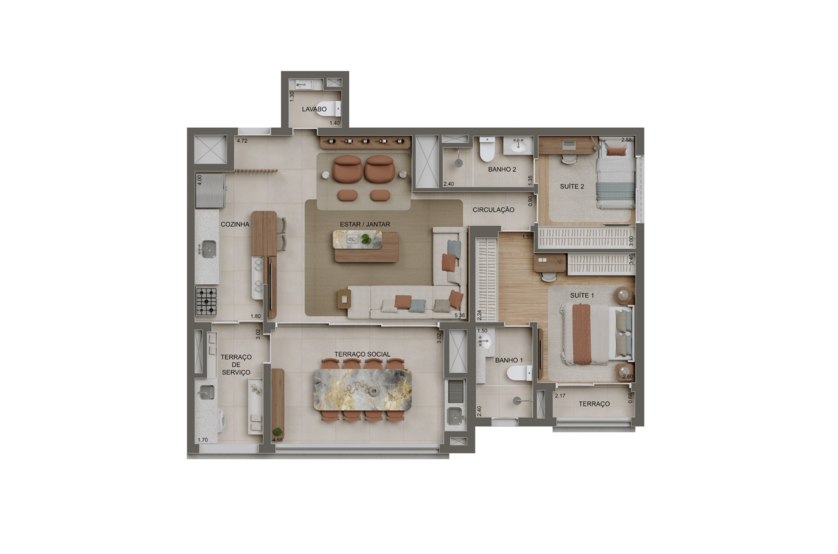 100m² | 2 suítes opção ampliada c/ lavabo (perspectiva artística) 