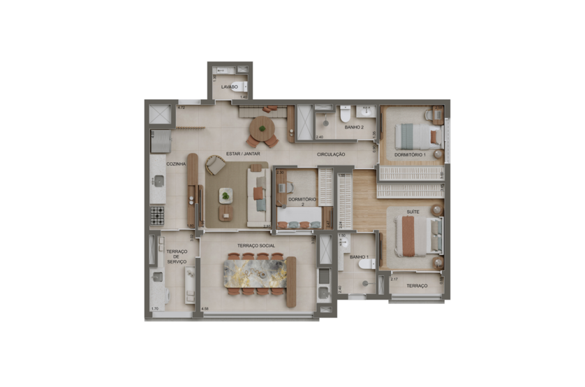 100m² | 2 Dorms. (1 suíte) c/ lavabo (perspectiva artística) 