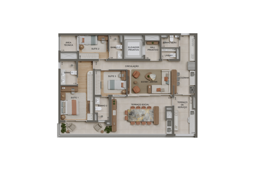 147m² | 3 suítes c/ lavabo (perspectiva artística) 