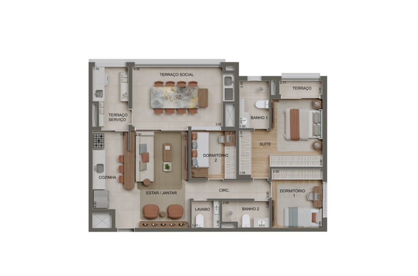 99m² | 2 Dorms. e 1 suíte c/ lavabo (perspectiva artística) 