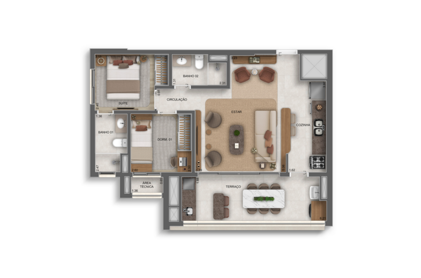 69m² | 2 dorms. (1 suíte) Opção ampliada (perspectiva artística) 