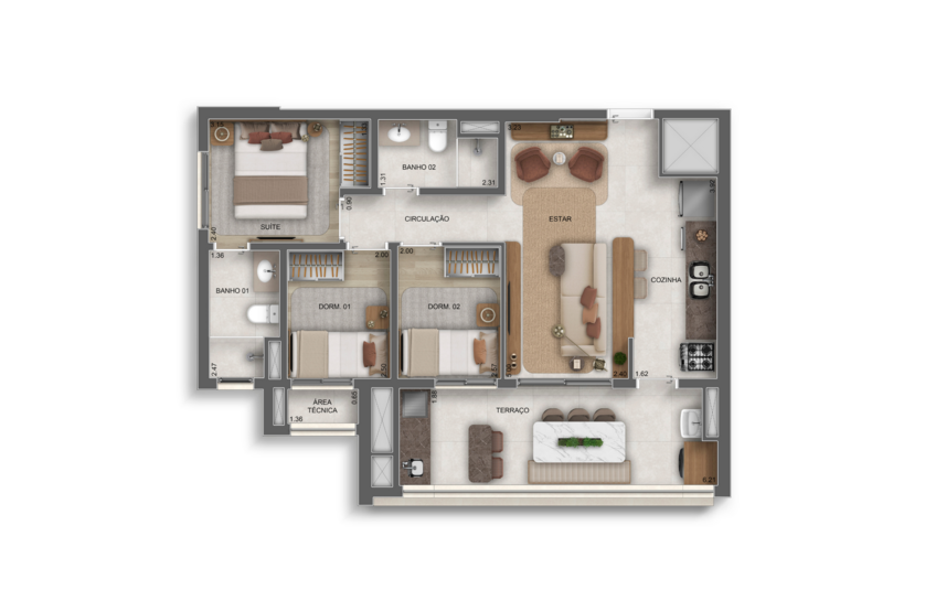 69m² | 3 dorms. (1 suíte) (perspectiva artística) 