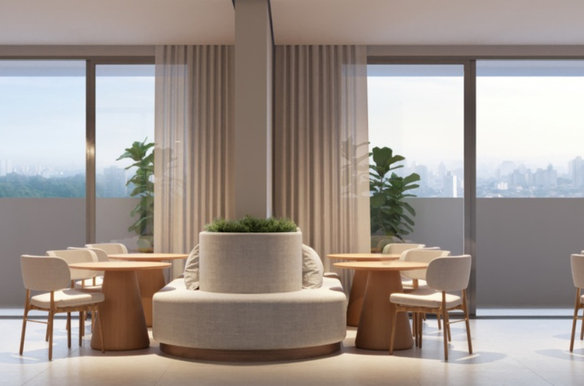 Salão de festas com 122m² (perspectiva artística)