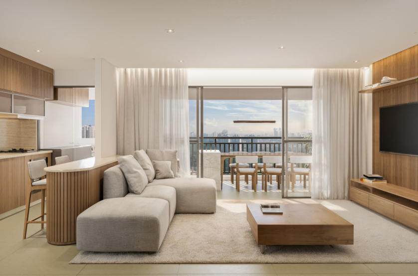 Living ampliado do apto de 90m² (Perspectiva artística)